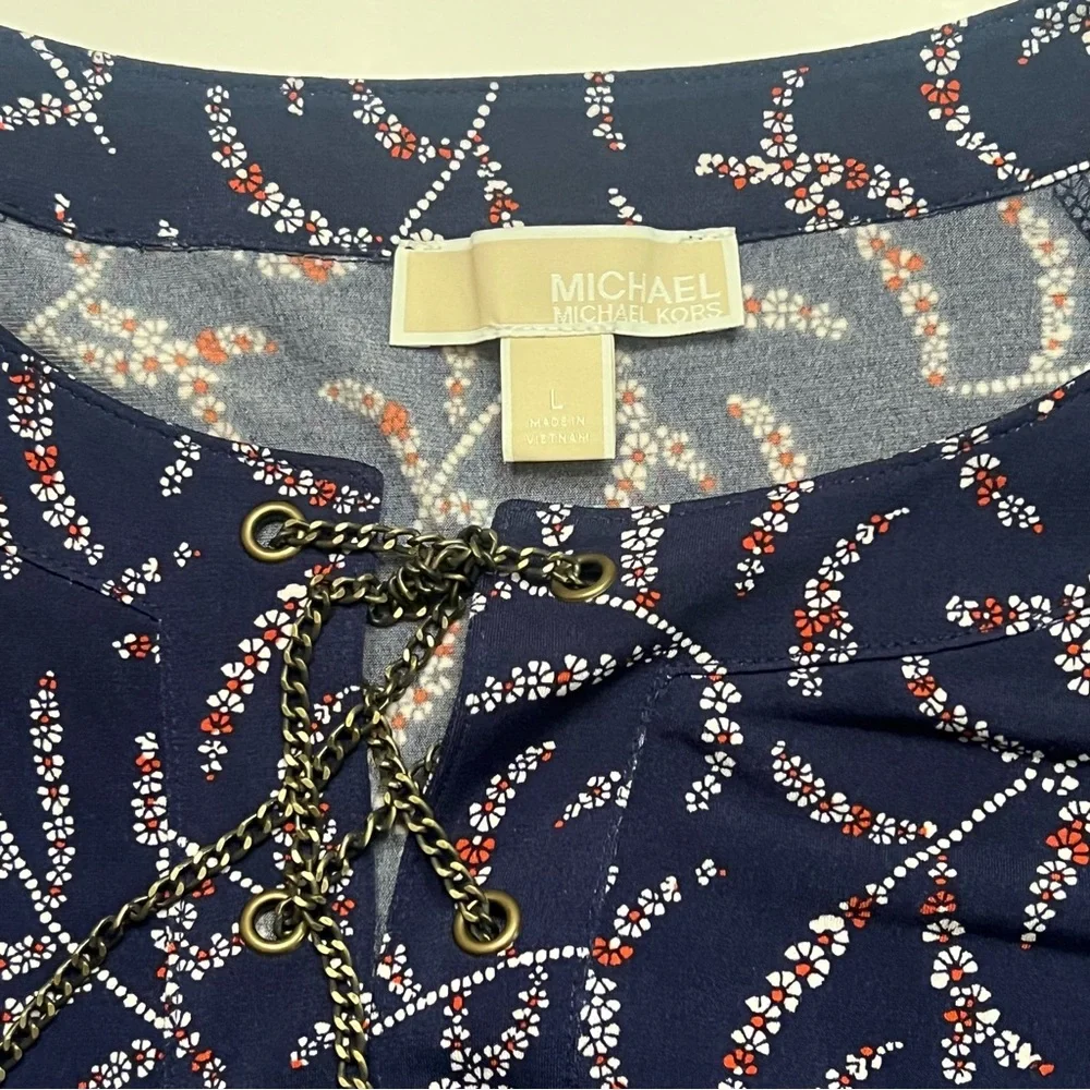 MICHAEL Michael Kors Floral Print‎ Long Sleeve Chain-Lace-Up Top Blouse Sz Large
